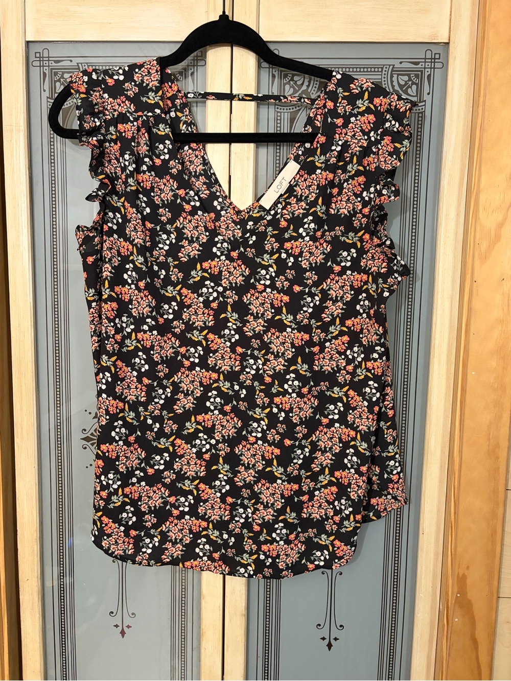 LOFT Black Floral Ruffle V-Neck Camisole